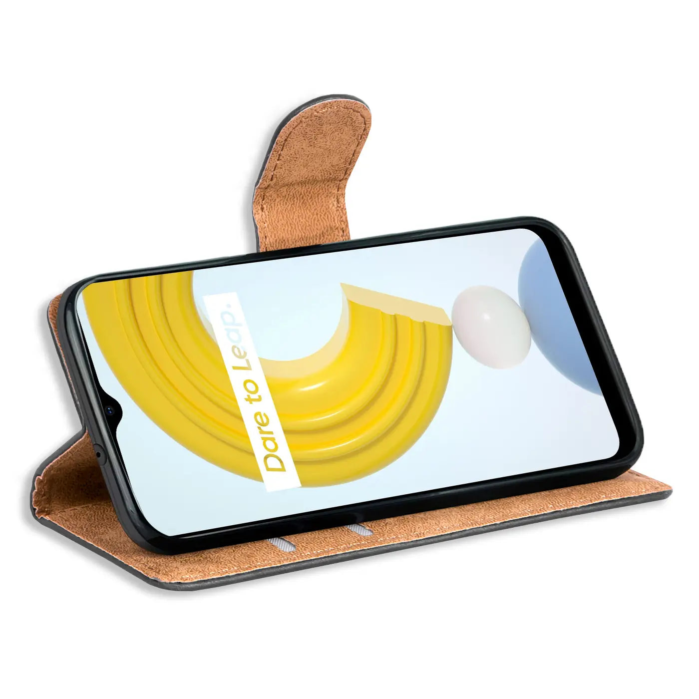 Braune Kunstleder-Klapphülle mit Kartenfächern, seitliche Ansicht, zeigt Realme C21.