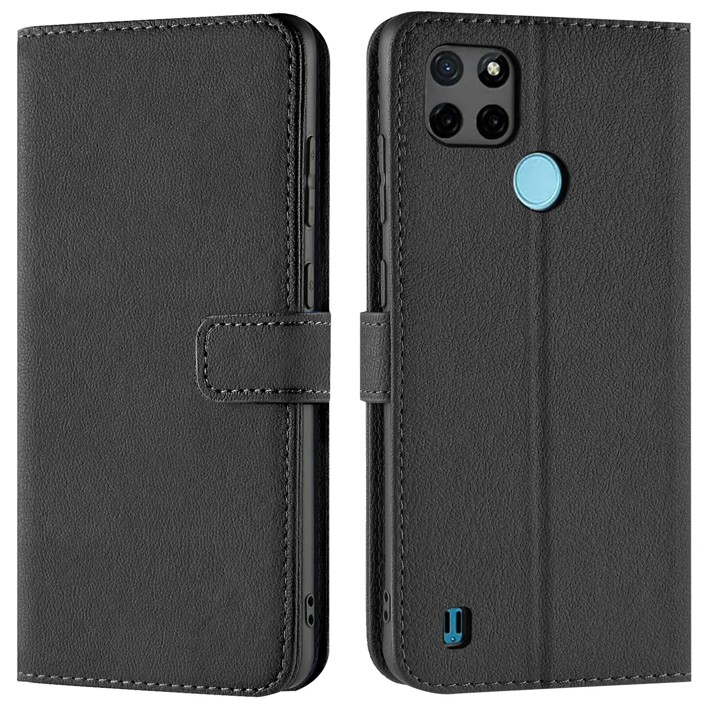 Schwarze Kunstleder-Klapphülle mit Kartenfächern, Vorder- und Rückansicht, Realme C25Y/C21Y.