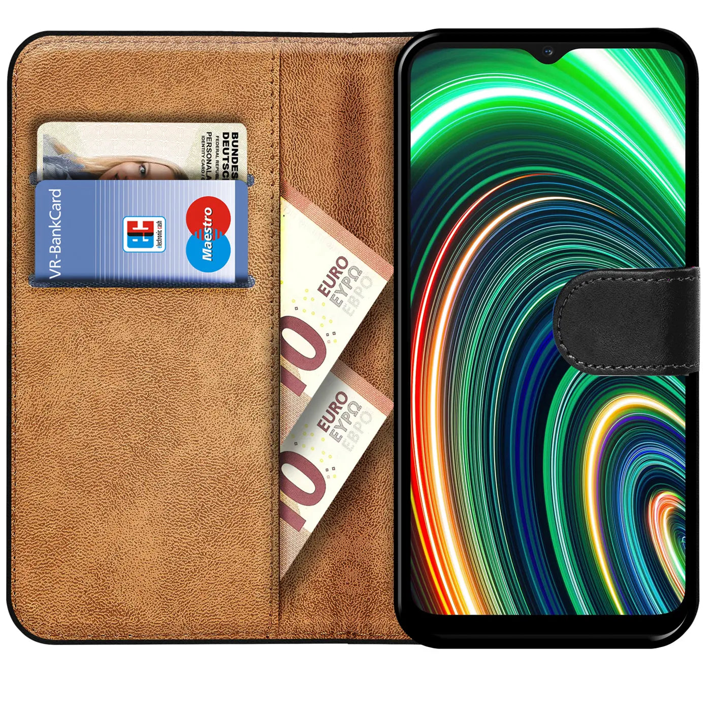 Braune Kunstleder Klapphülle mit Kartenfächern und Geldscheinfach, zeigt ein Smartphone mit buntem Hintergrund.