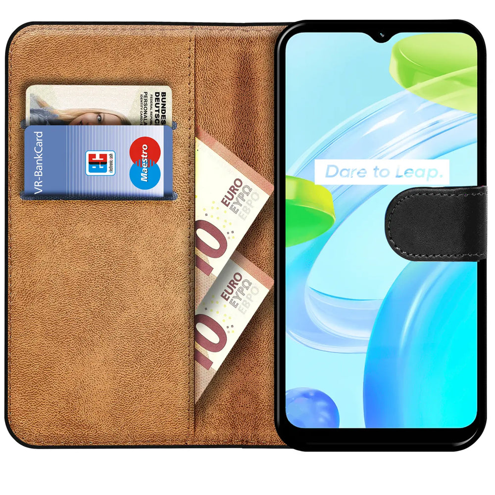 Realme C30 Klapphülle in Schwarz mit Kartenfächern und Schutz