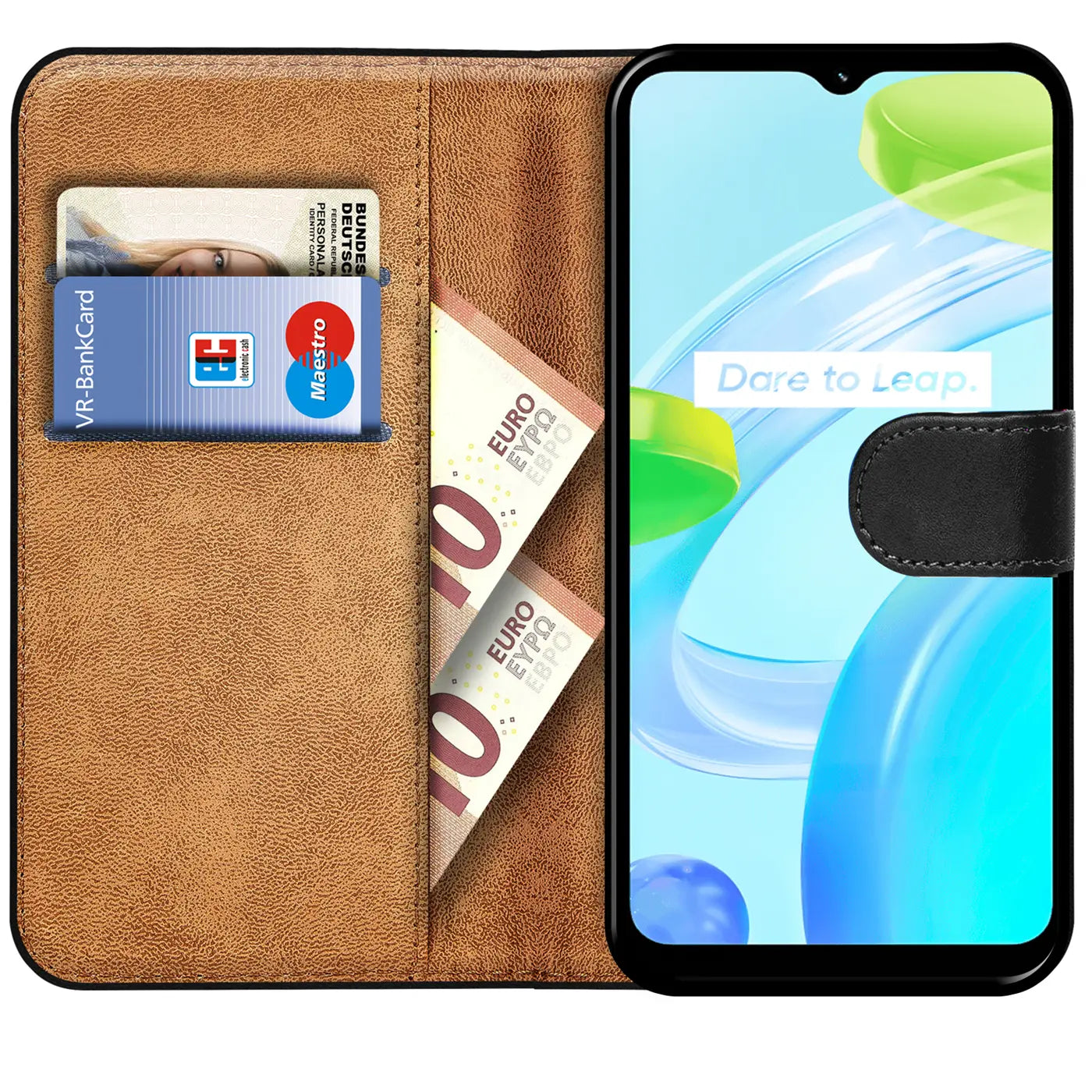 Braune Kunstleder-Klapphülle mit Kartenfächern und Realme C30, von vorne