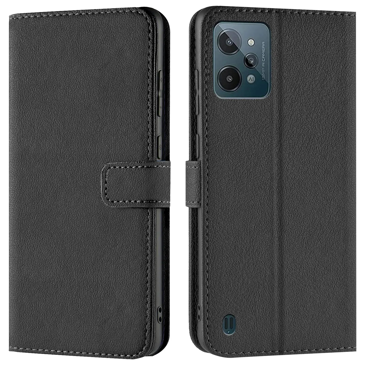 Schwarze Kunstleder-Klapphülle mit Kartenfächern für Realme C31, Vorder- und Rückansicht.