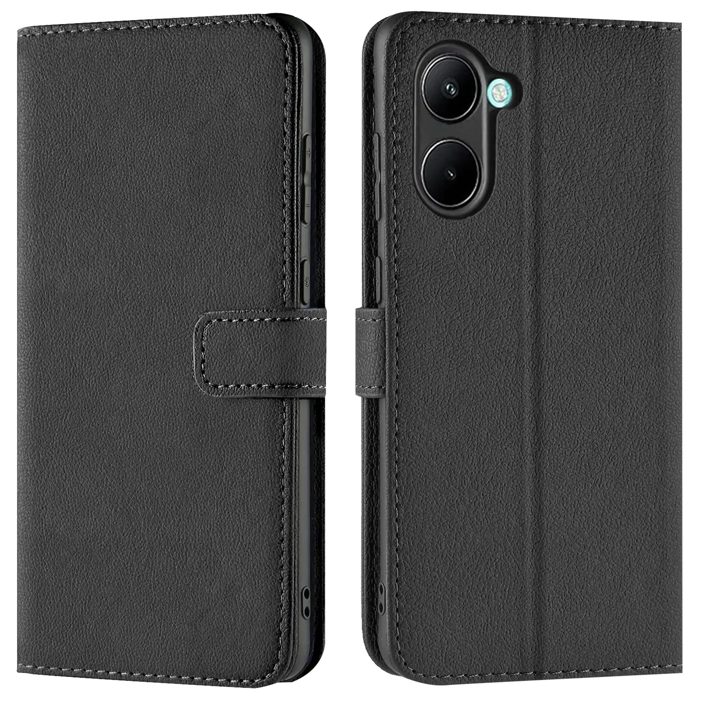 Schwarze Leder-Klapphülle mit Kartenfächern, Vorder- und Rückansicht, Realme C33.