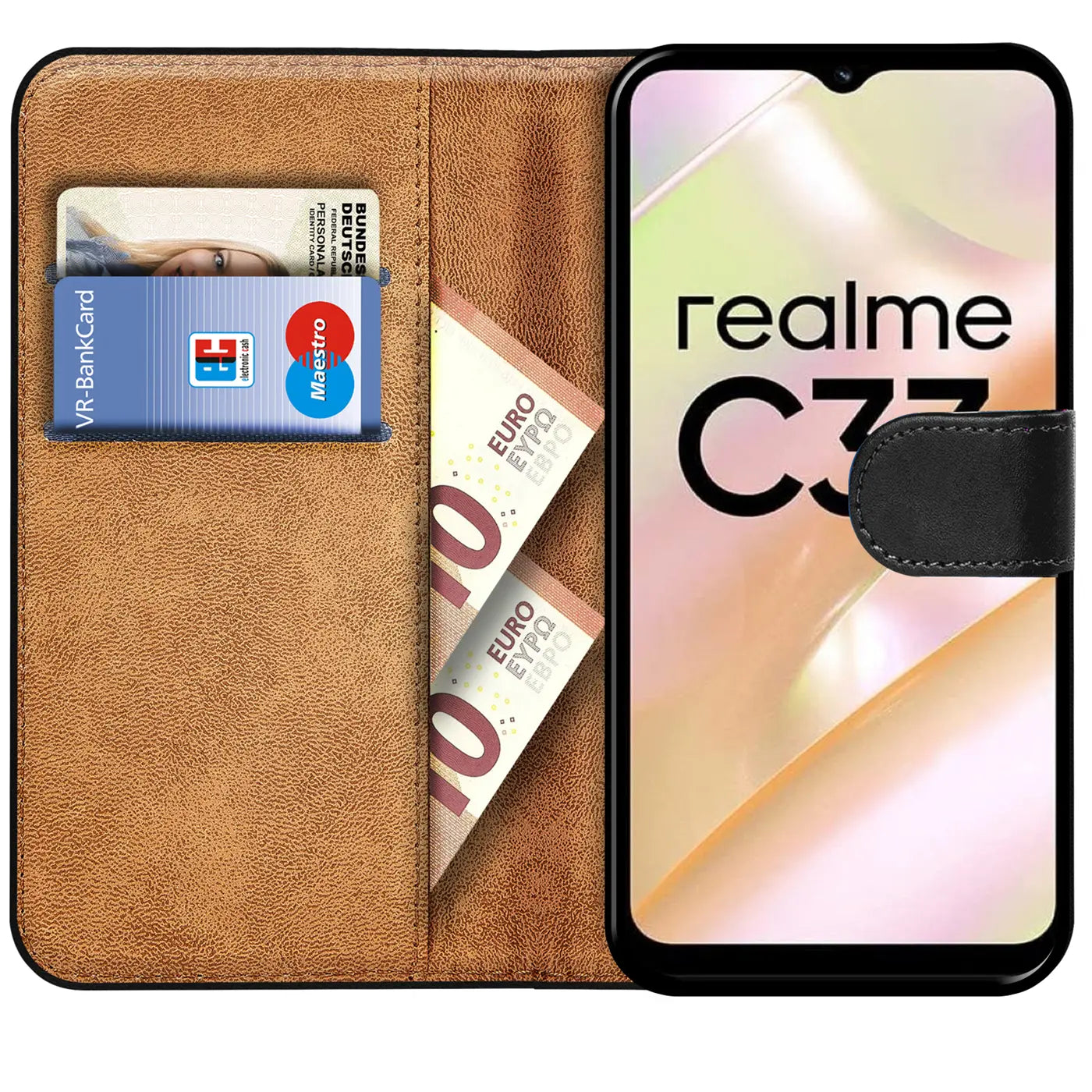 Braune Kunstleder-Klapphülle mit Kartenfächern, zeigt Realme C33.