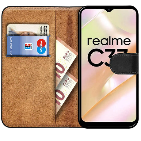 Realme C33 Klapphülle in Schwarz mit Kartenfächern und Schutz