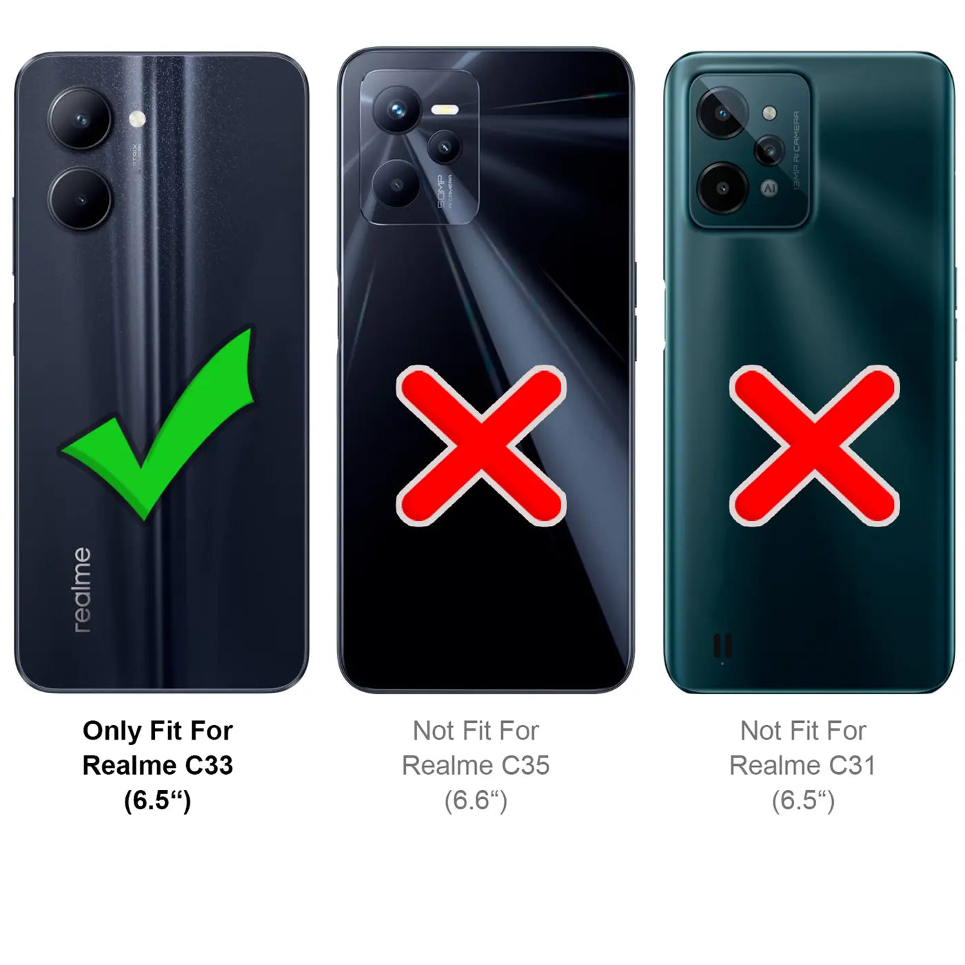 Drei Rückseiten von Smartphones, eine mit Haken, zwei mit Kreuzen. Dunkelblau, Schwarz, Dunkelgrün.