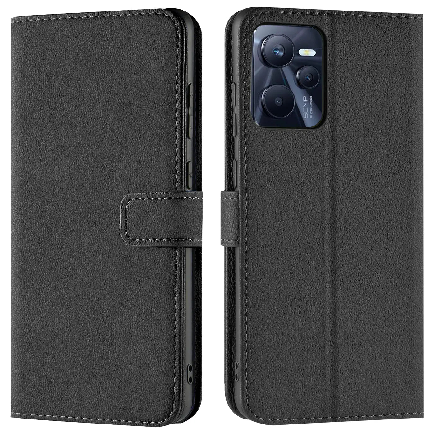 Schwarze Kunstleder-Klapphülle mit Kartenfächern, Vorder- und Rückansicht, Realme C35 erkennbar.