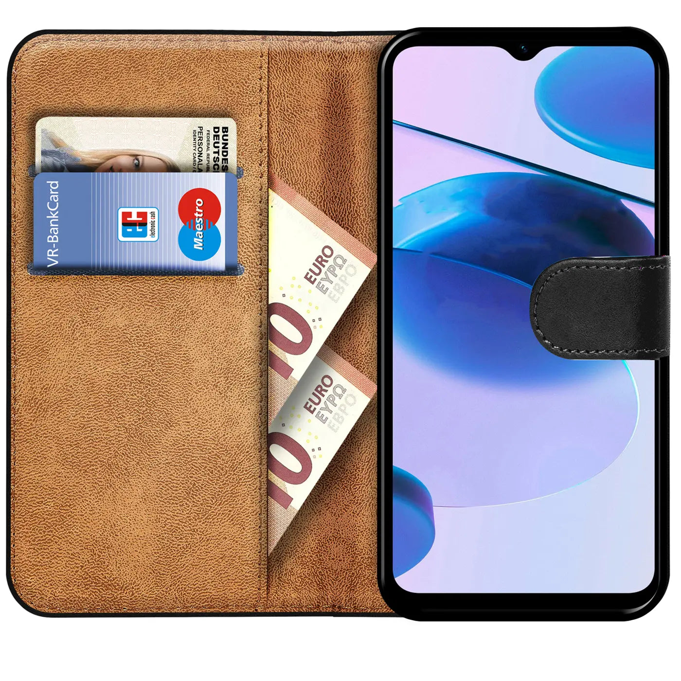 Braune Kunstleder-Klapphülle mit Kartenfächern und Realme C35.