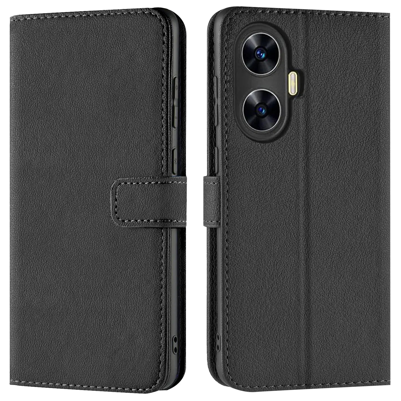 Schwarze Leder-Klapphülle für Realme C55, Vorder- und Rückansicht.