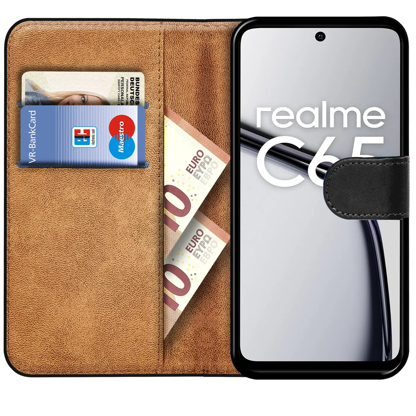 Braune Kunstleder-Klapphülle mit Kartenfächern und Geldscheinfach, zeigt Realme C65 von vorne.