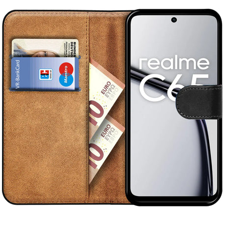 Realme C65 Klapphülle in Schwarz mit Kartenfächern und Schutz