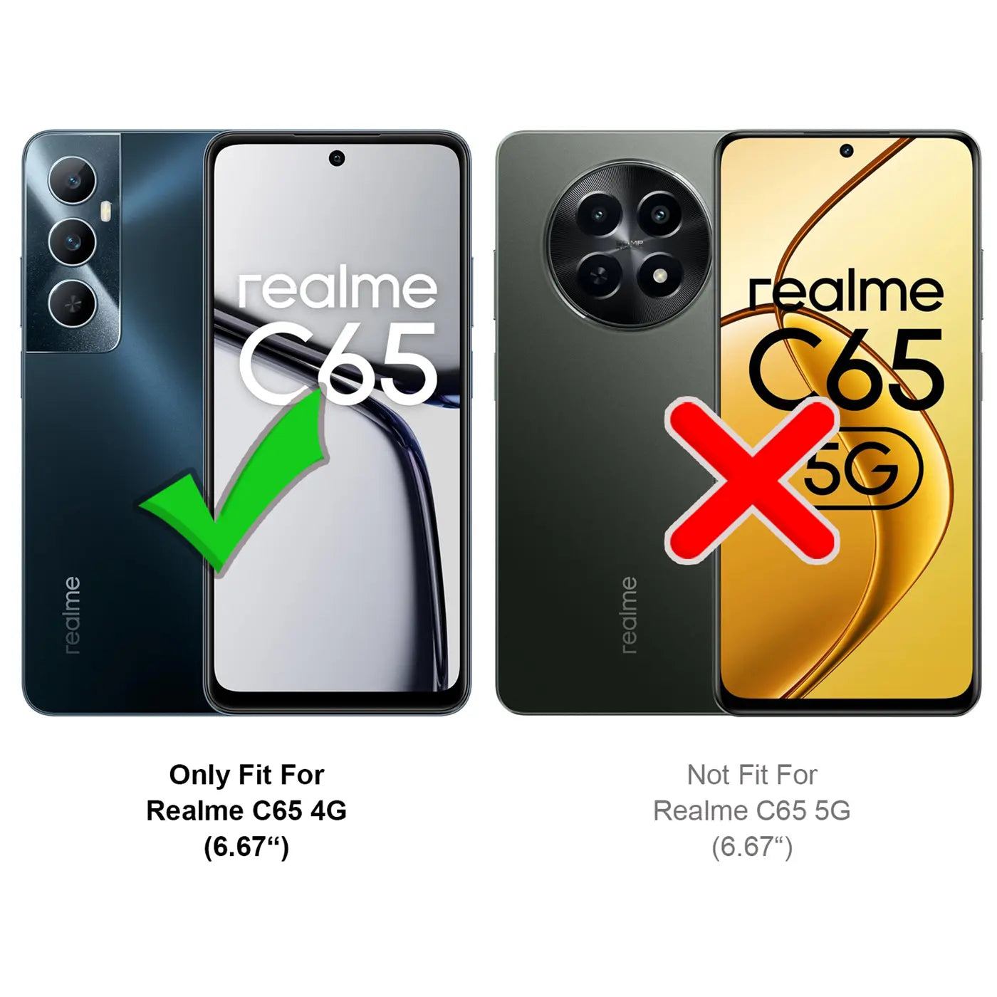 Zwei Realme C65 Handys, links 4G-Modell mit grüner Markierung, rechts 5G-Modell mit rotem Kreuz.
