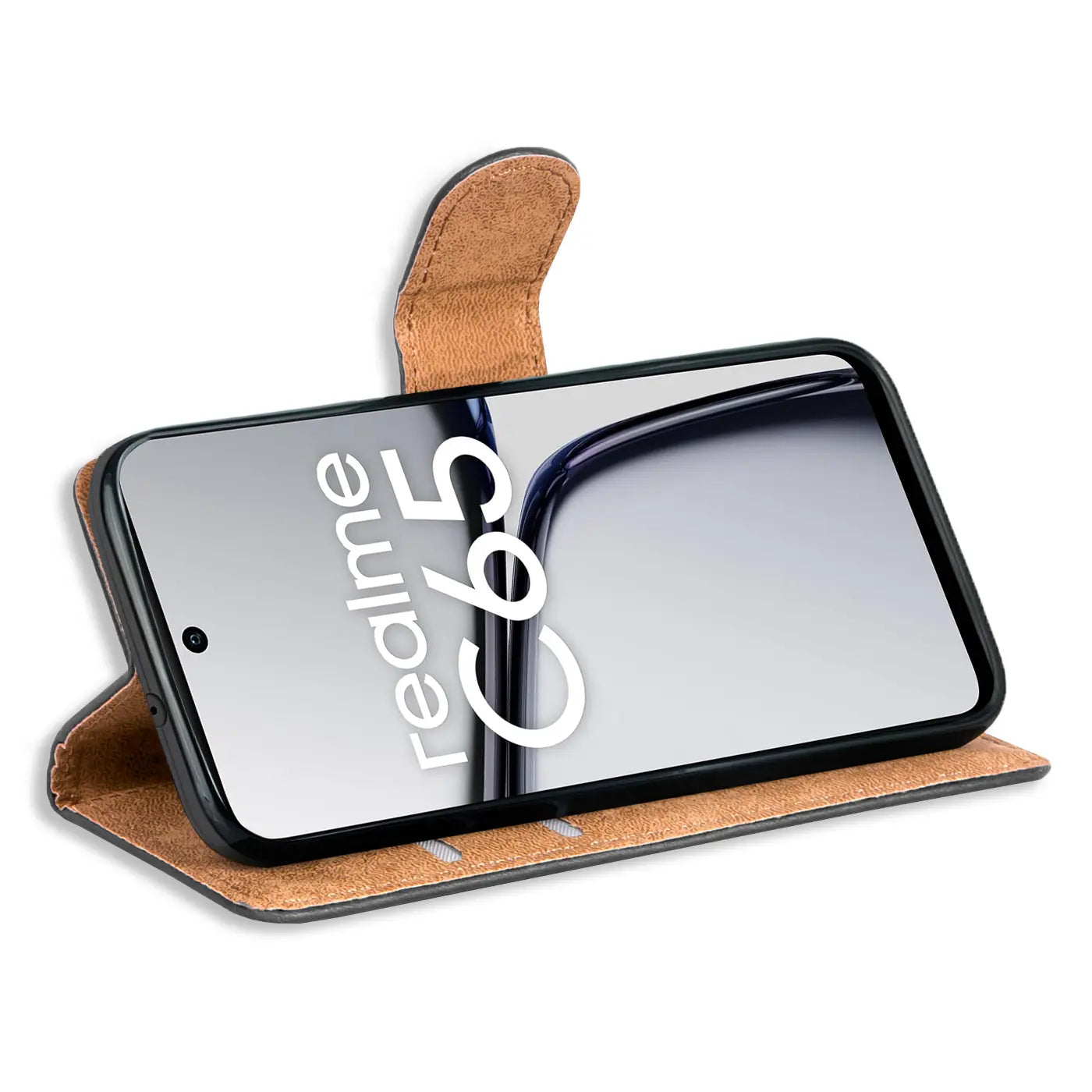 Braune Kunstleder-Klapphülle mit Kartenfächern, Realme C65, von vorne schräg