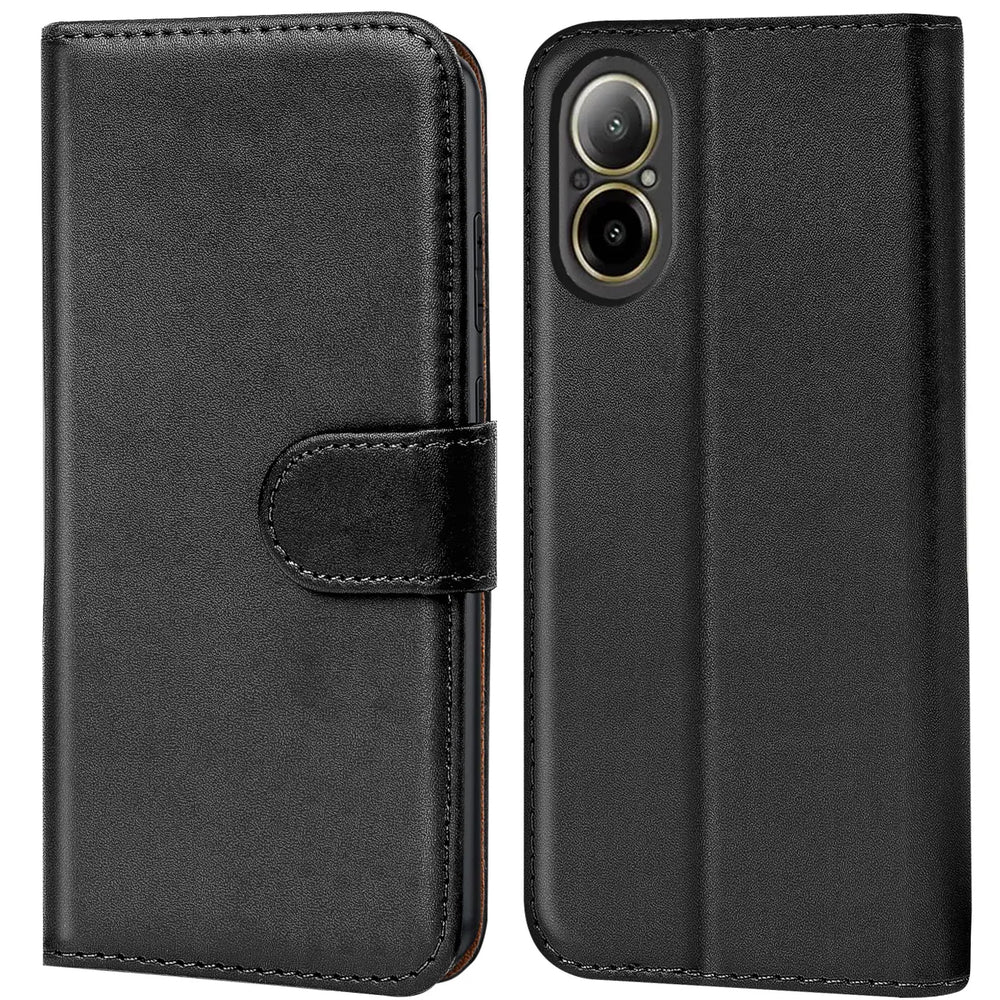 Schwarze Leder-Klapphülle mit Kartenfächern, Vorder- und Rückansicht, Realme C67.