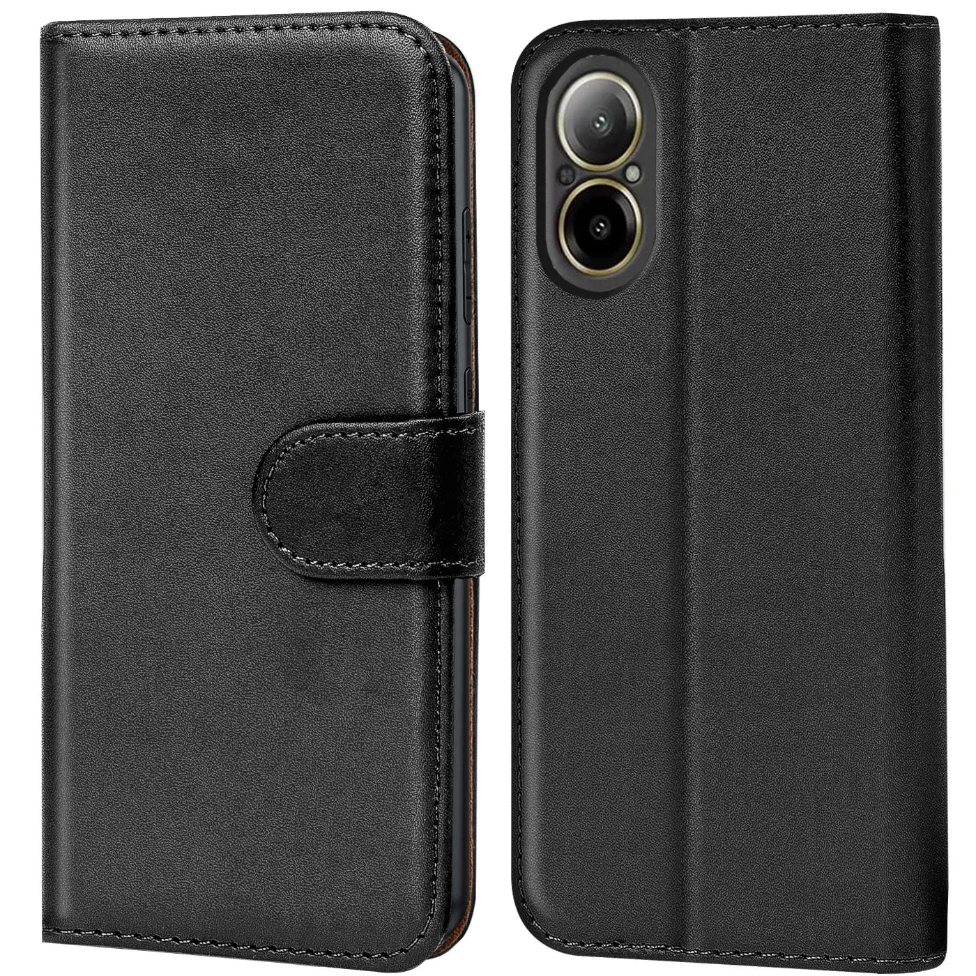 Schwarze Leder-Klapphülle mit Kartenfächern, Vorder- und Rückansicht, Realme C67.