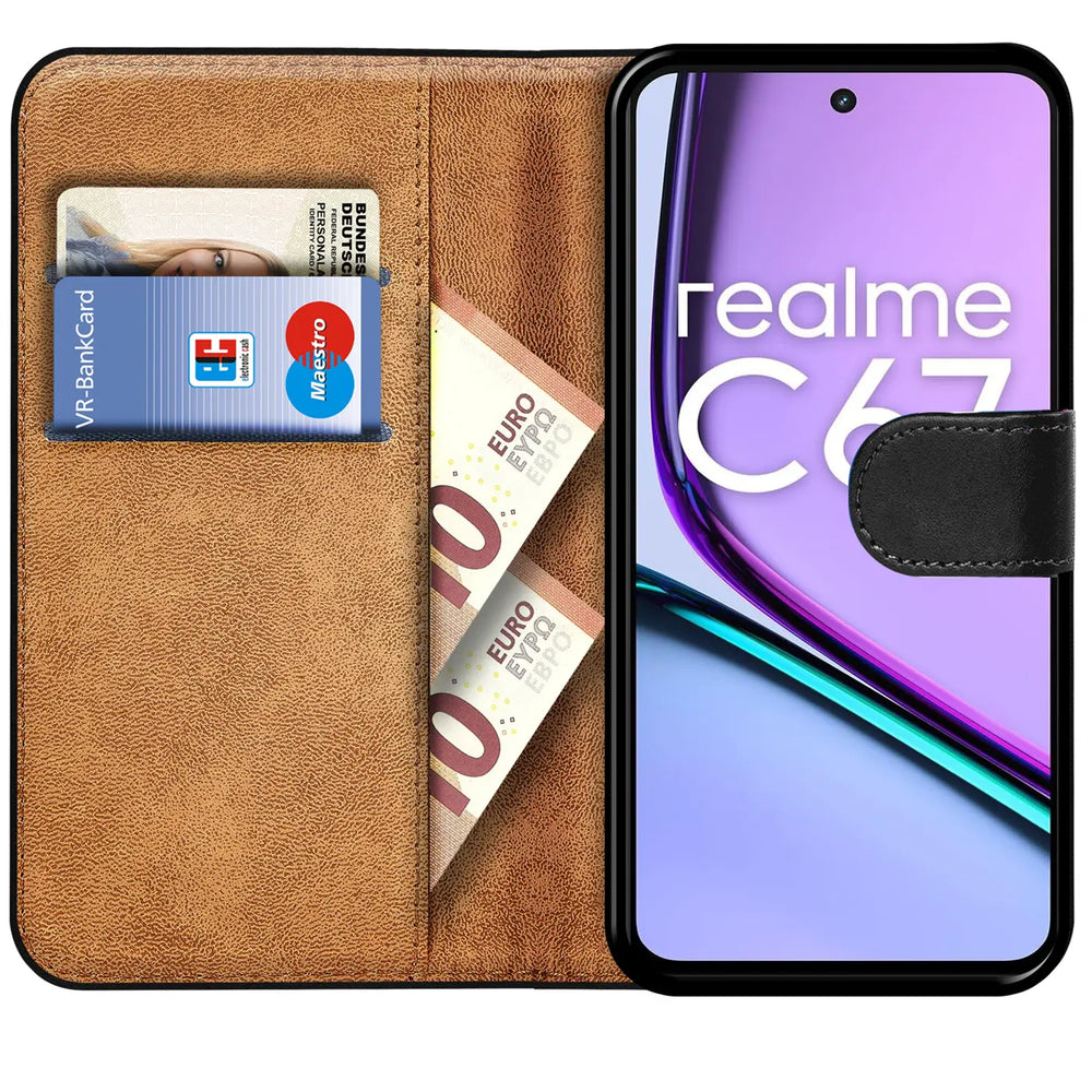 Braune Kunstleder-Klapphülle mit Kartenfächern, zeigt Realme C67.