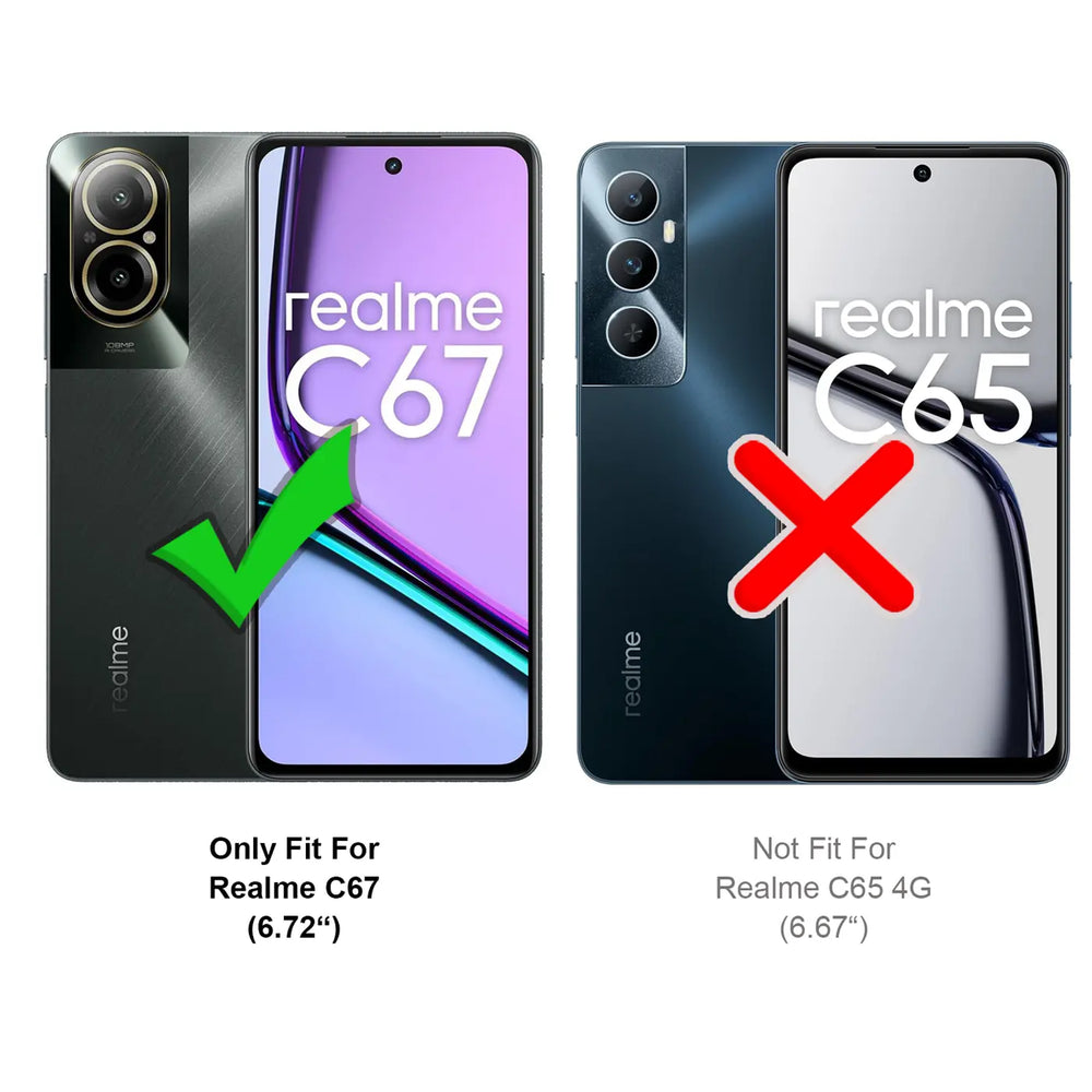 Zwei Smartphones nebeneinander, links Realme C67 (passend), rechts Realme C65 (nicht passend).