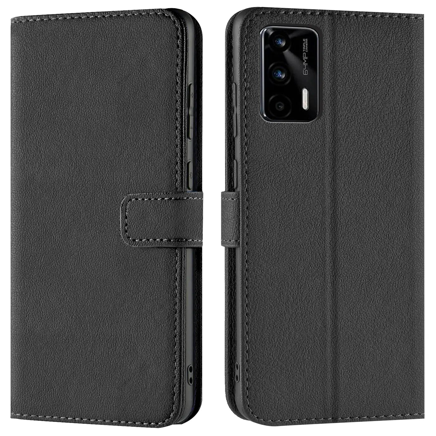 Schwarze Leder-Klapphülle mit Kartenfächern, Vorder- und Rückansicht, Realme GT 5G.