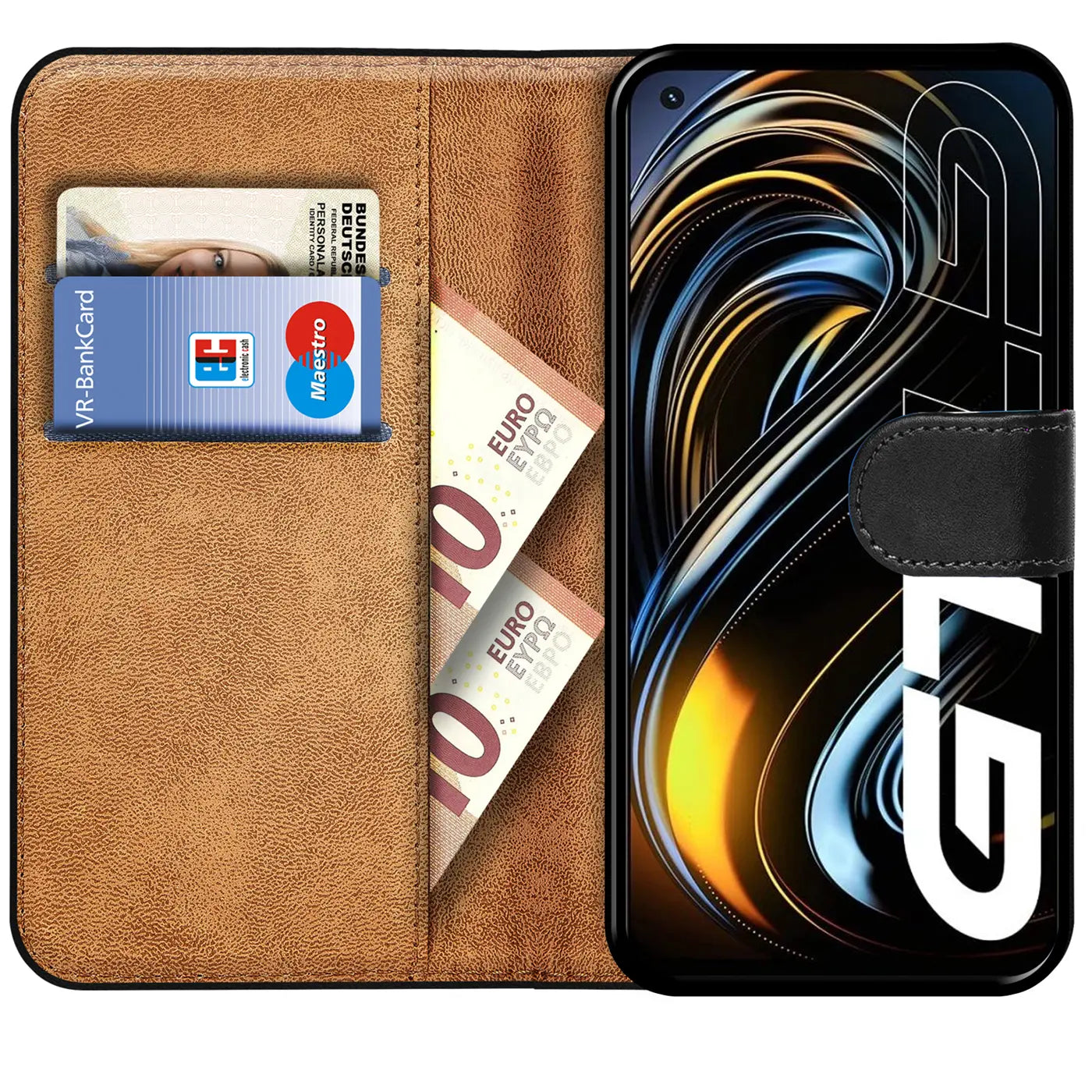 Braune Kunstleder-Klapphülle mit Kartenfächern und Realme GT 5G.