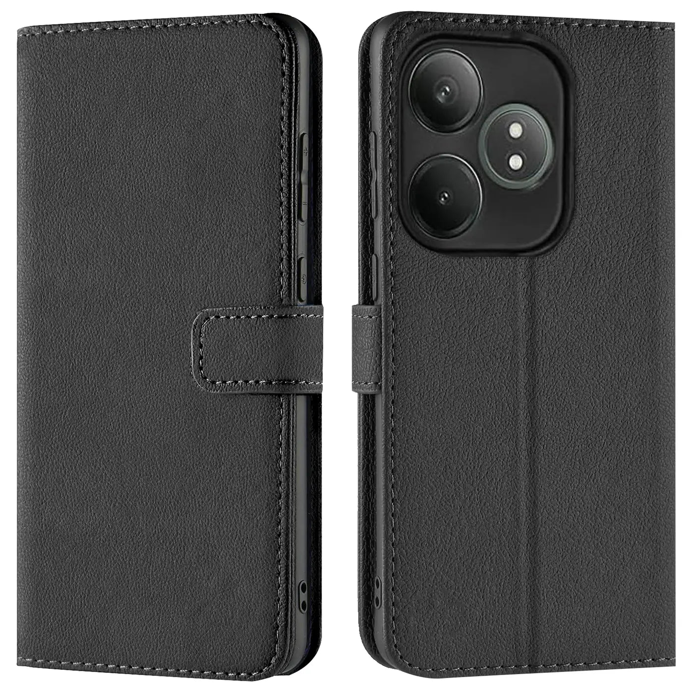 Schwarze Leder-Klapphülle mit Kartenfächern, Vorder- und Rückansicht, Realme GT 6 / GT 6T.