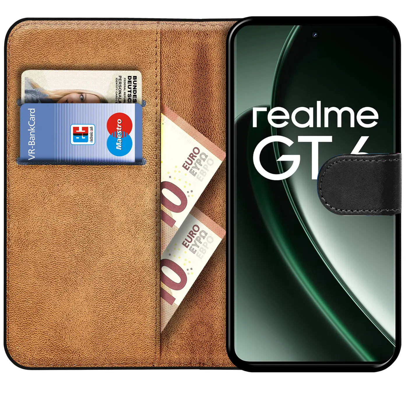 Braune Leder-Klapphülle mit Kartenfächern und Geldscheinen, zeigt Realme GT 4.