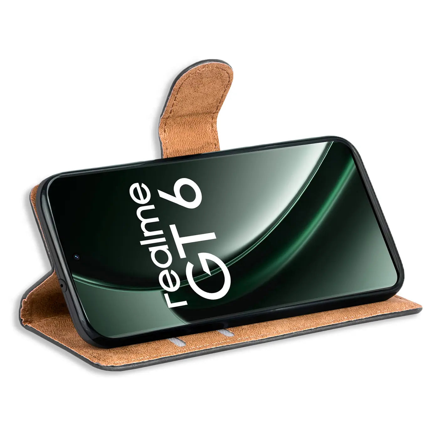 Braune Kunstleder-Klapphülle mit offenem Realme GT 6/GT 6T, Seitenansicht.