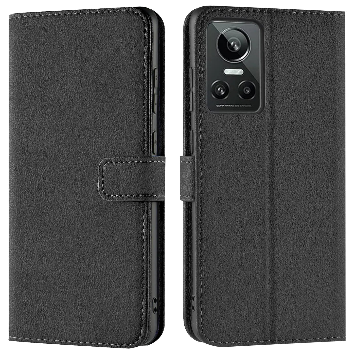 Schwarze Leder-Klapphülle mit Kartenfächern, Vorder- und Rückansicht des Realme GT Neo 3.