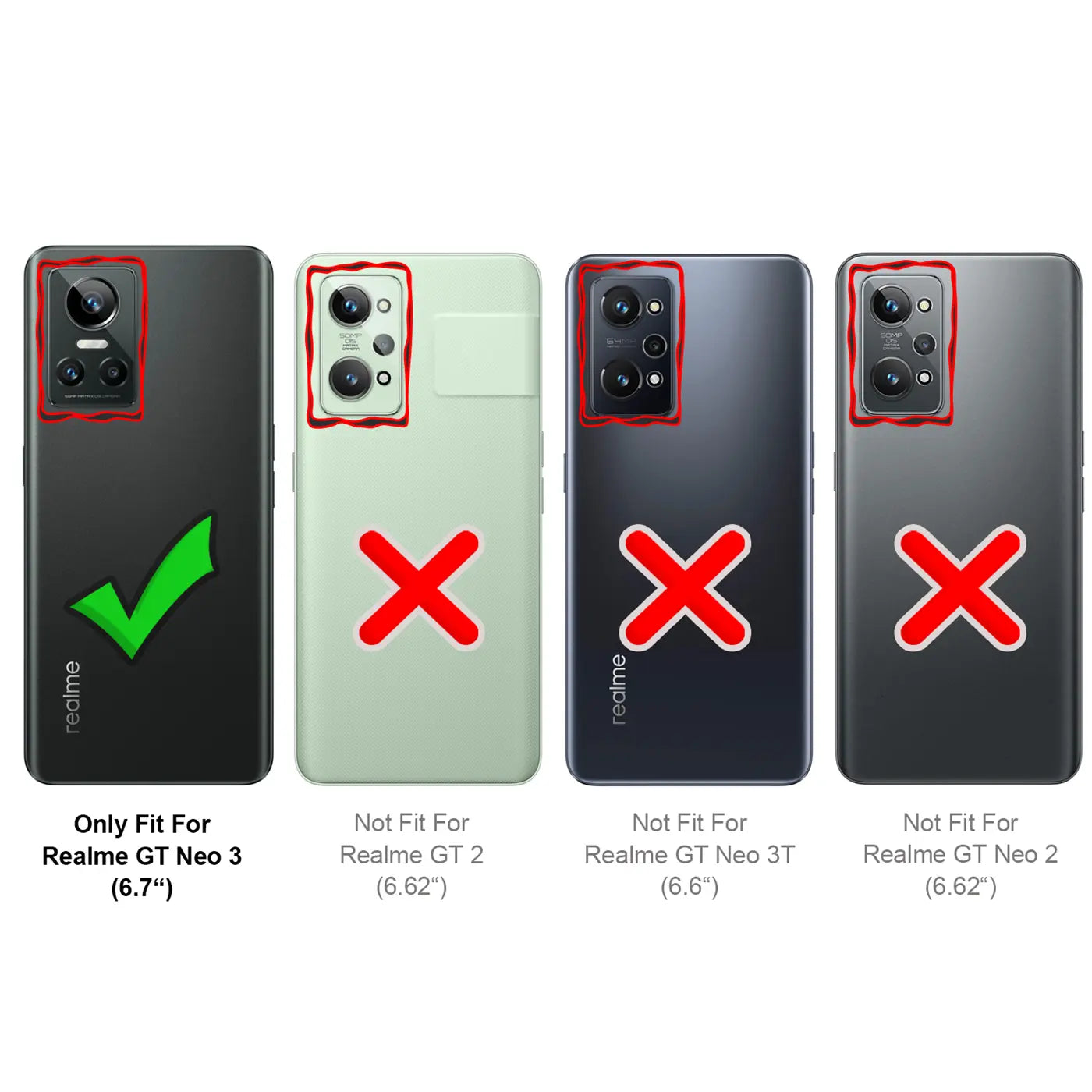 Vier Rückseiten von Smartphones: Realme GT Neo 3 (passend), Realme GT 2, GT Neo 3T, GT Neo 2 (nicht passend).