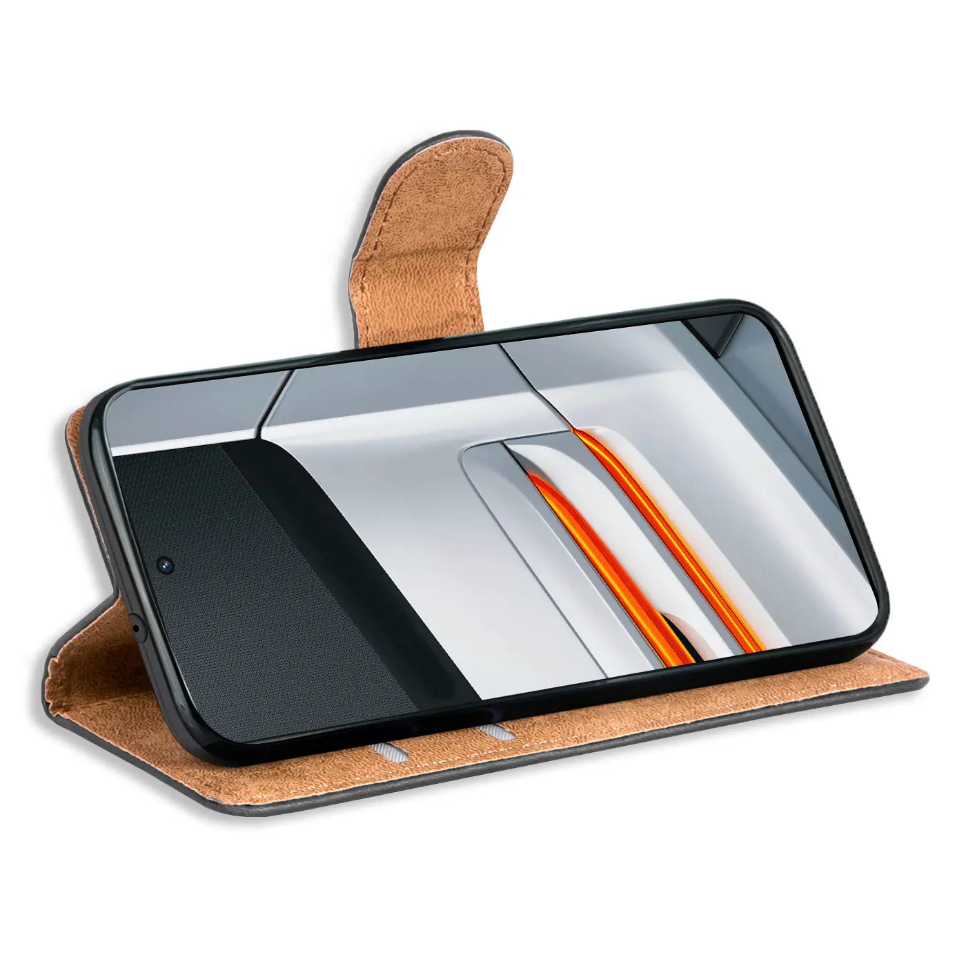 Braune Kunstleder-Klapphülle mit Kartenfächern, Realme GT Neo 3, von vorne schräg