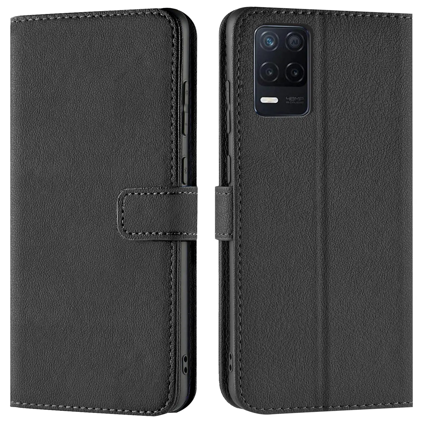 Schwarze Leder-Klapphülle mit Kartenfächern, Vorder- und Rückansicht, Realme Narzo 30 5G.