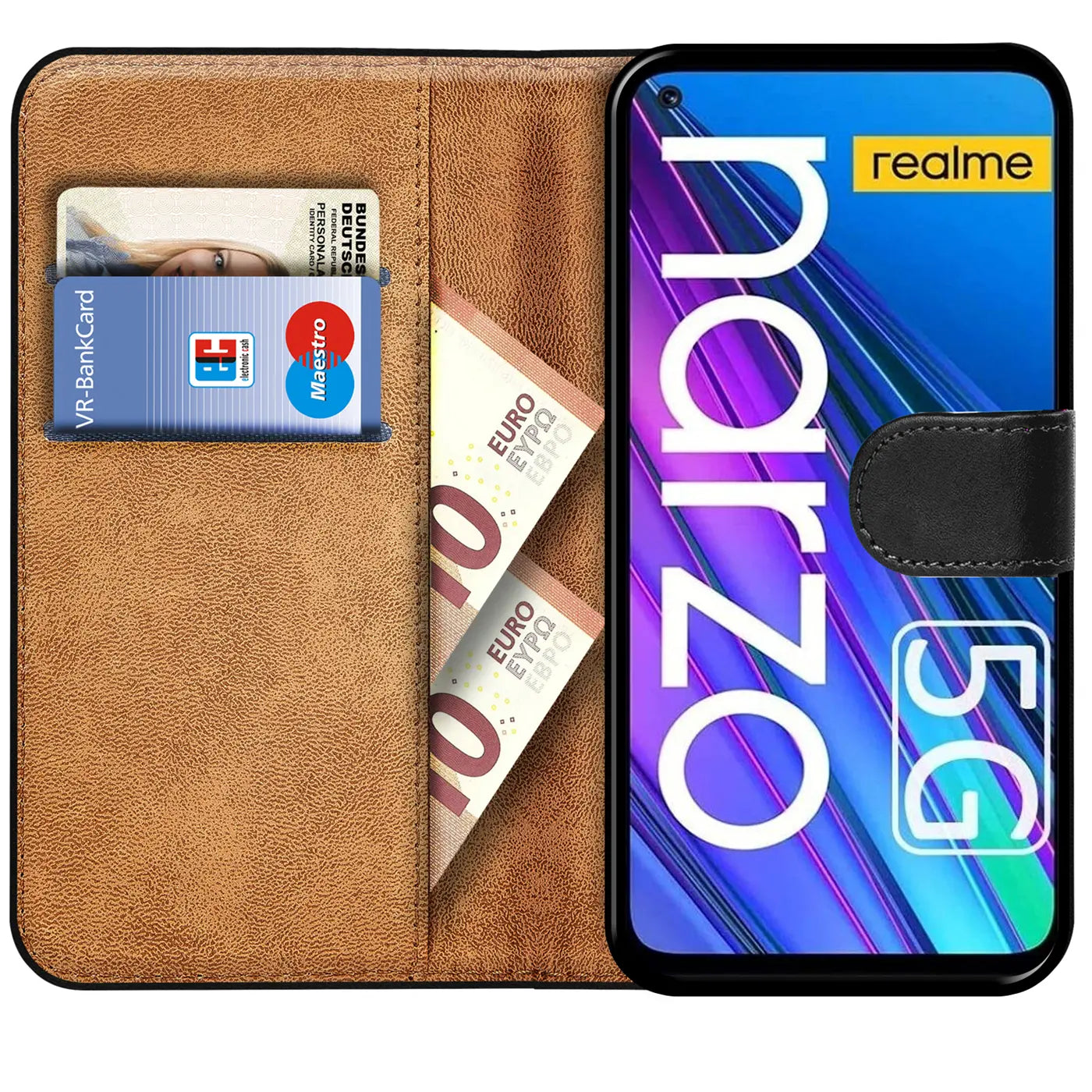 Braune Kunstleder-Klapphülle mit Kartenfächern und Realme Narzo 30 5G.