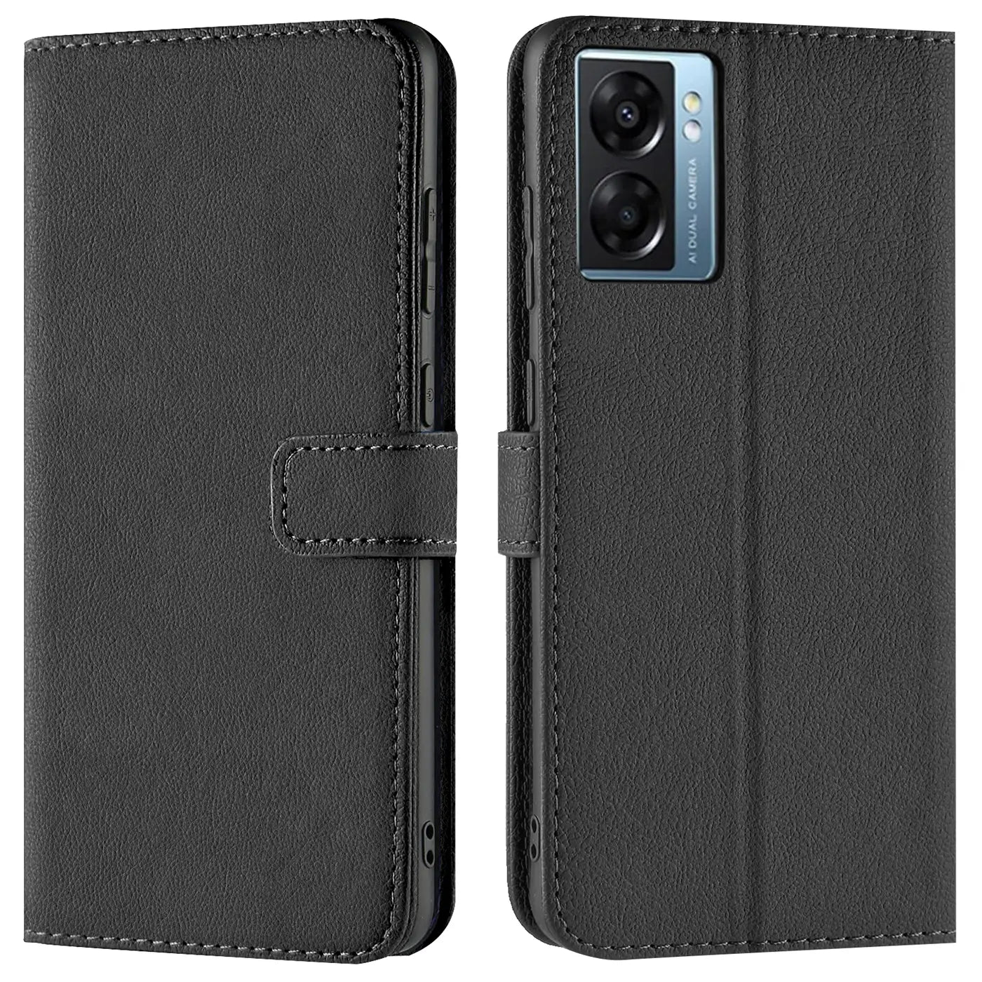 Schwarze Leder-Klapphülle mit Kartenfächern, zeigt Realme Narzo 50 5G von vorne und hinten.