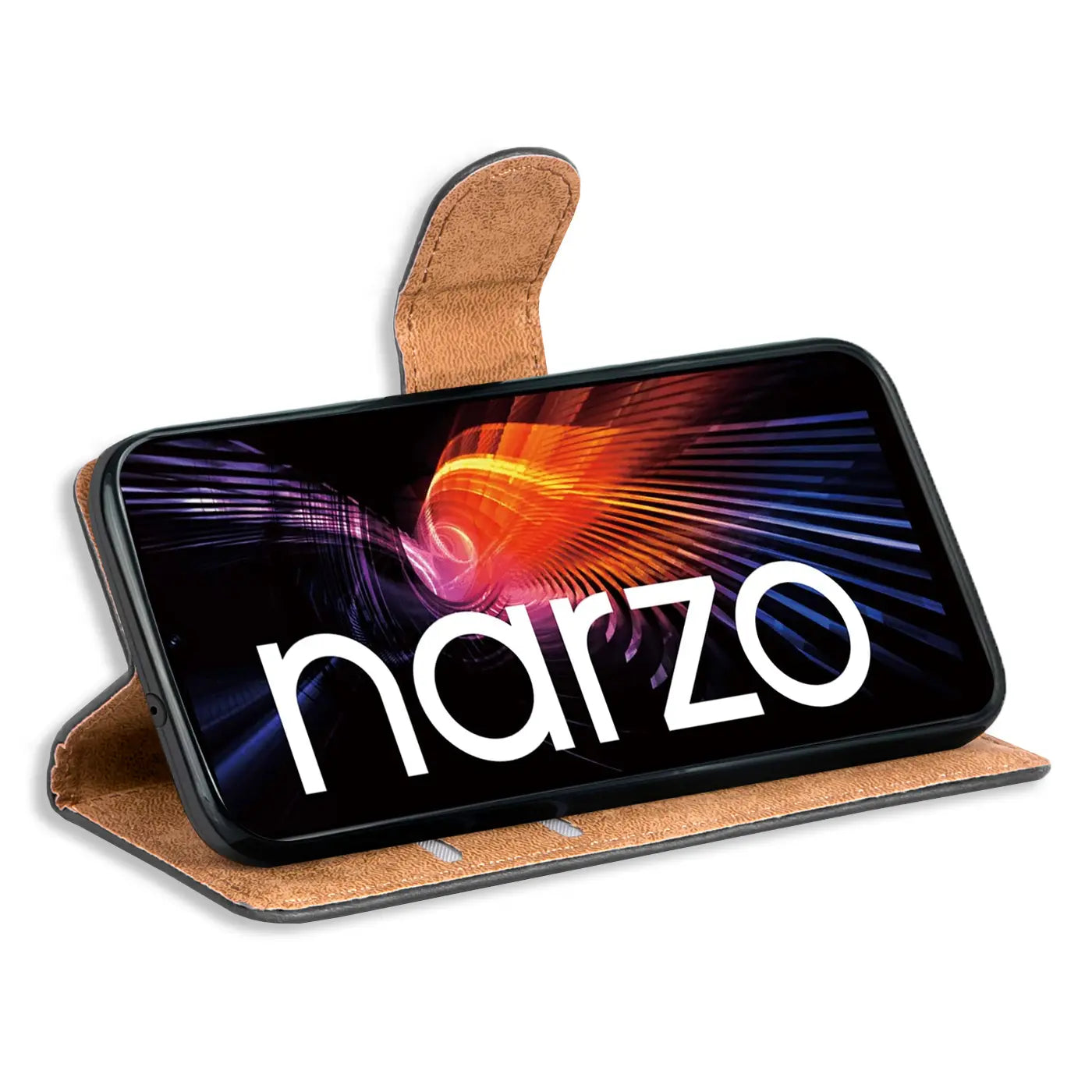 Braune Kunstleder-Klapphülle mit Kartenfächern, Realme Narzo 50 5G, Seitenansicht.