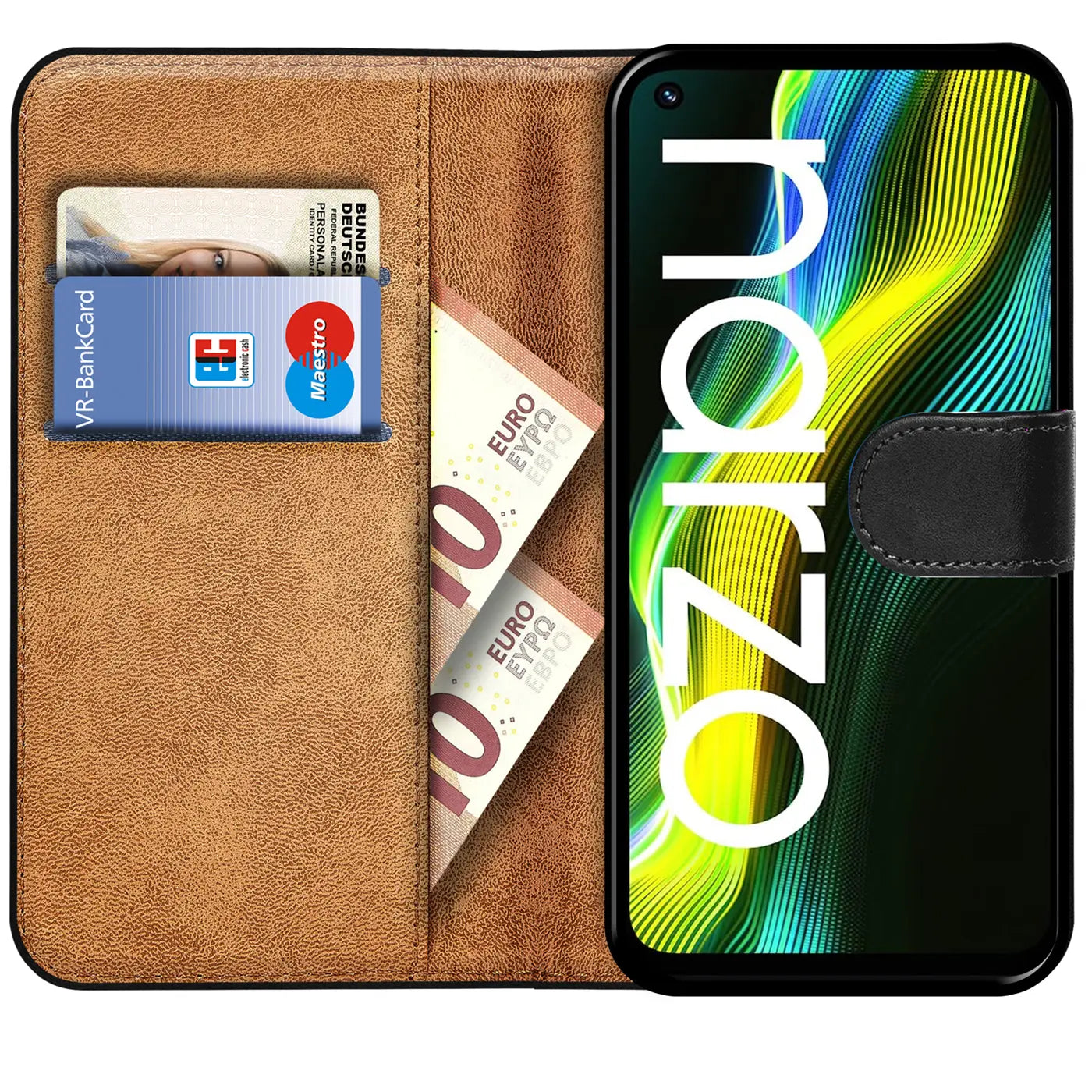 Braune Kunstleder-Klapphülle mit Kartenfächern und Realme Narzo 50.