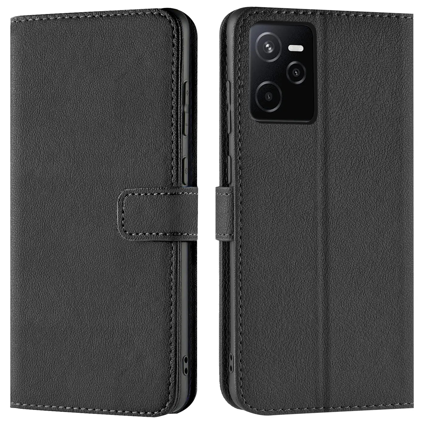Schwarze Kunstleder-Klapphülle mit Kartenfächern, Vorder- und Rückansicht, zeigt Realme Narzo 50A Prime.