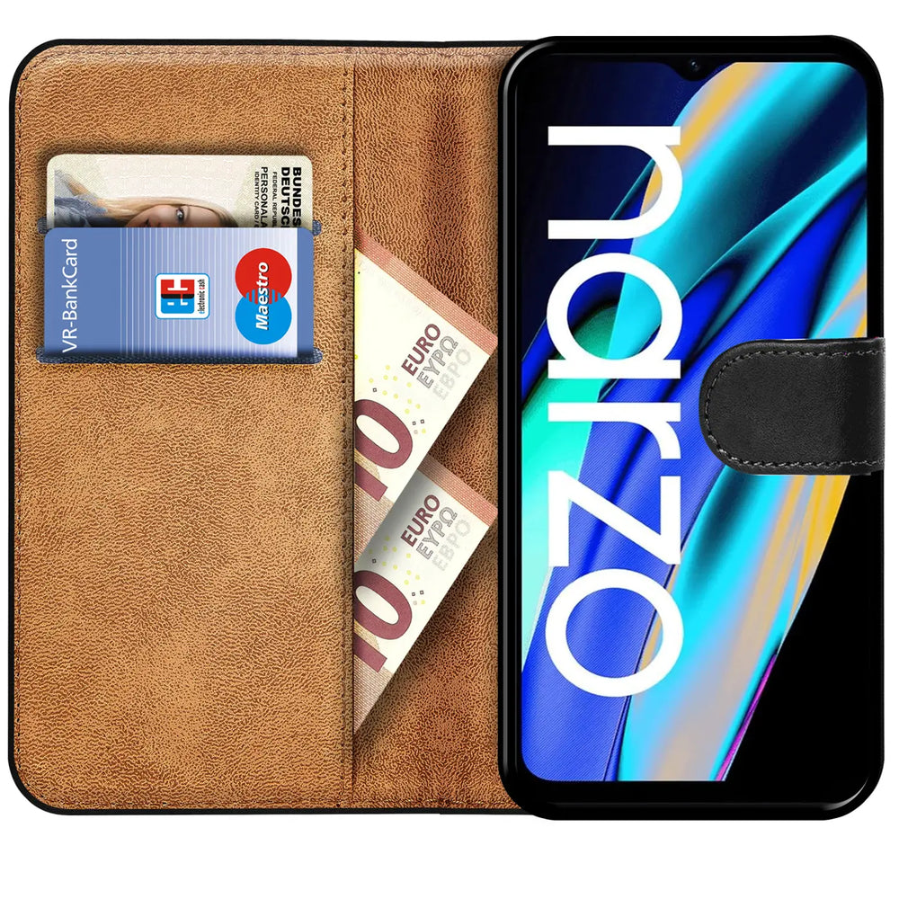 Realme Narzo 50A Prime Klapphülle in Schwarz mit Kartenfächern und Schutz