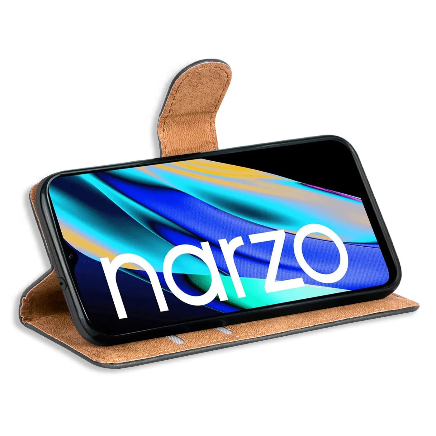 Braune Kunstleder-Klapphülle mit Kartenfächern, Realme Narzo 50A Prime, von vorne.