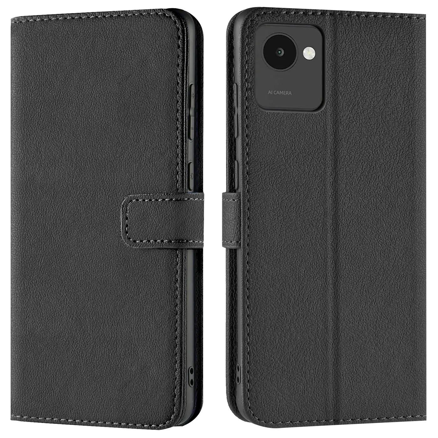 Schwarze Kunstleder-Klapphülle mit Kartenfächern, Vorder- und Rückansicht, Realme Narzo 50i Prime.