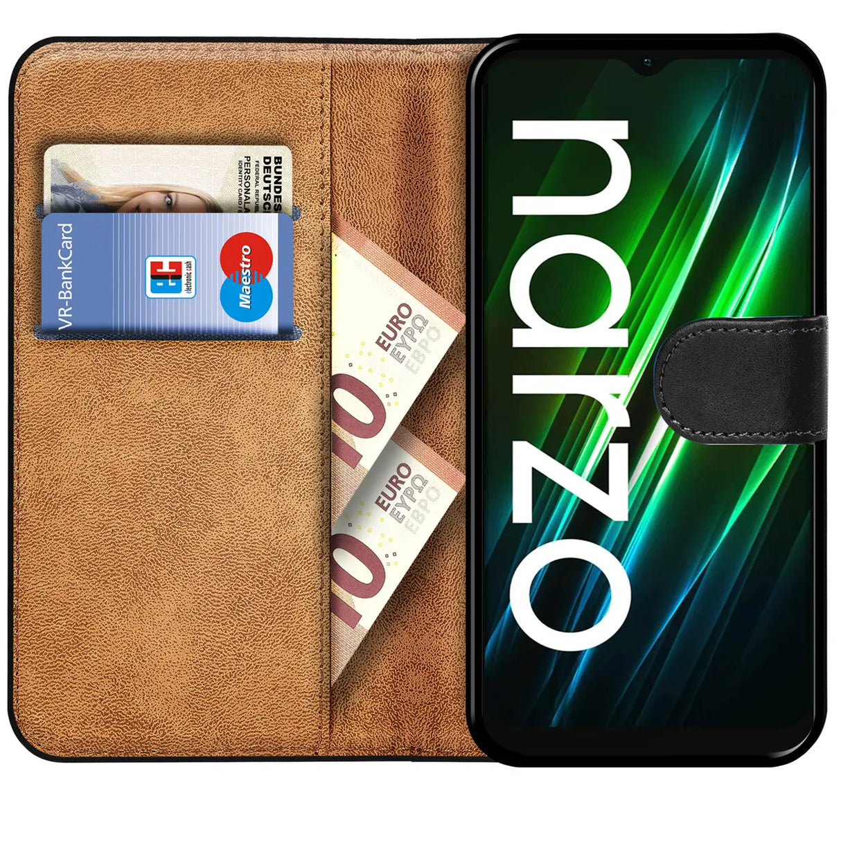 Realme Narzo 50i Prime Klapphülle in Schwarz mit Kartenfächern und Schutz