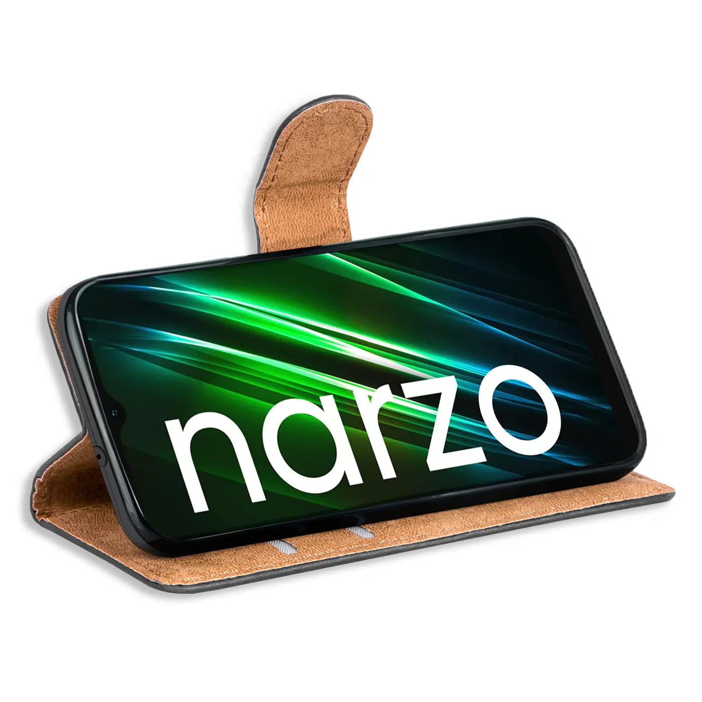 Braune Kunstleder-Klapphülle mit Kartenfächern, zeigt Realme Narzo 50i Prime.