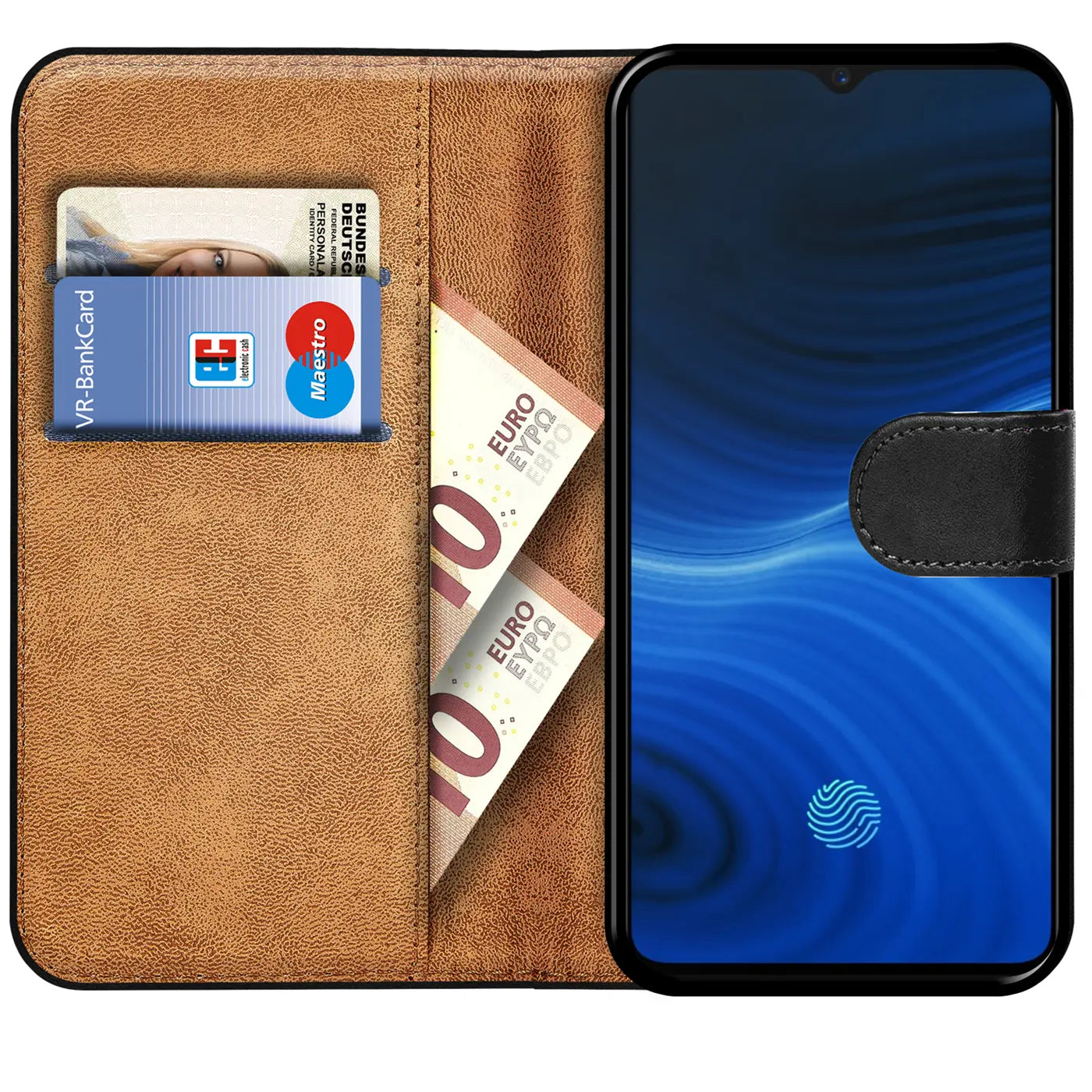 Braune Leder-Klapphülle mit Kartenfächern und Geldscheinfach, zeigt Realme X2 Pro.