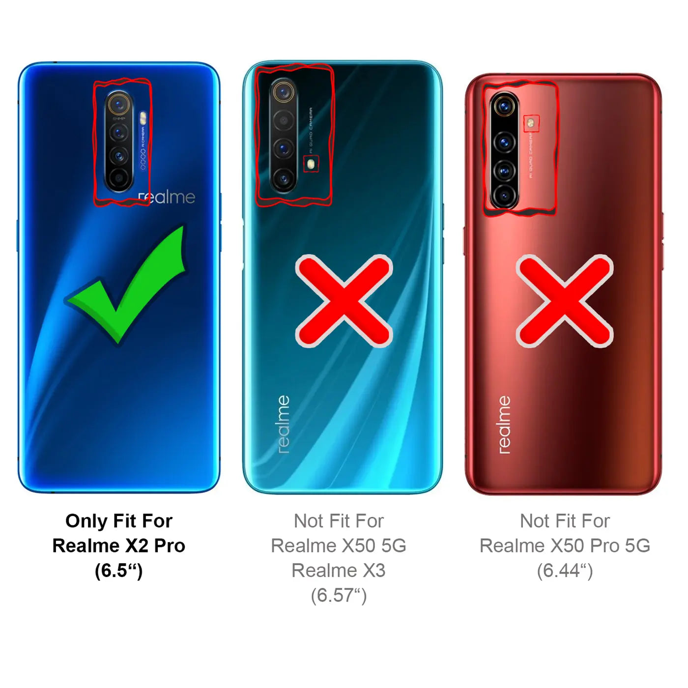 Rückseite Realme X2 Pro (blau, glatt) mit grüner Häkchen-Grafik. Links daneben Realme X50 5G (türkis) mit rotem X.