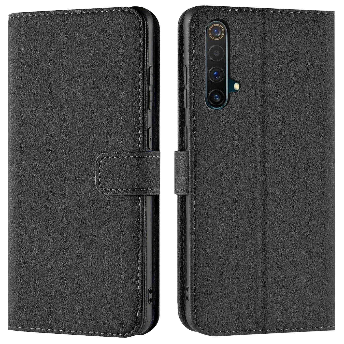 Schwarze Leder-Klapphülle mit Kartenfächern, Vorder- und Rückansicht, Realme X50 5G / X3.