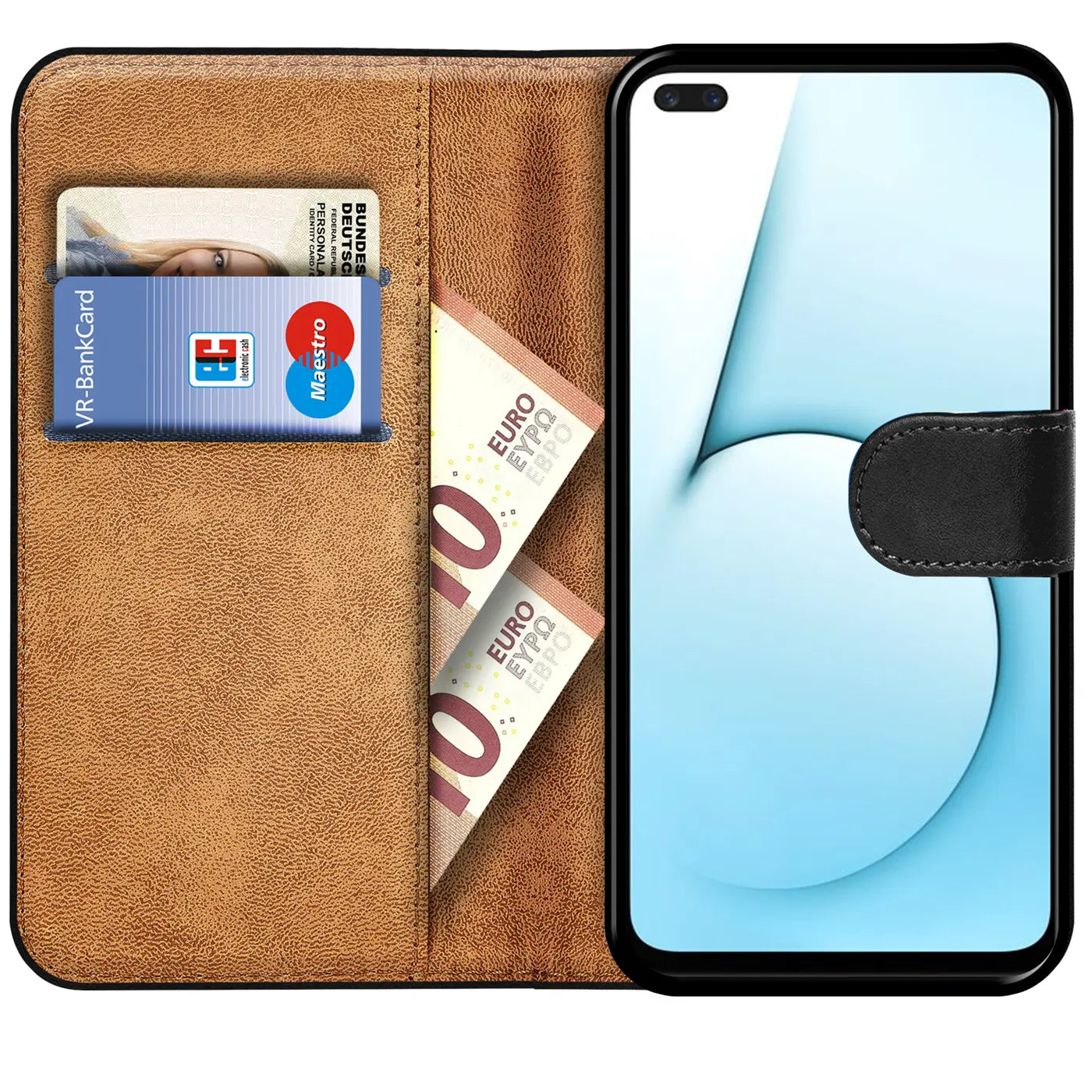 Braune Klapphülle aus Leder mit Kartenfächern und Geldscheinfach, zeigt Realme X50 5G/X3.