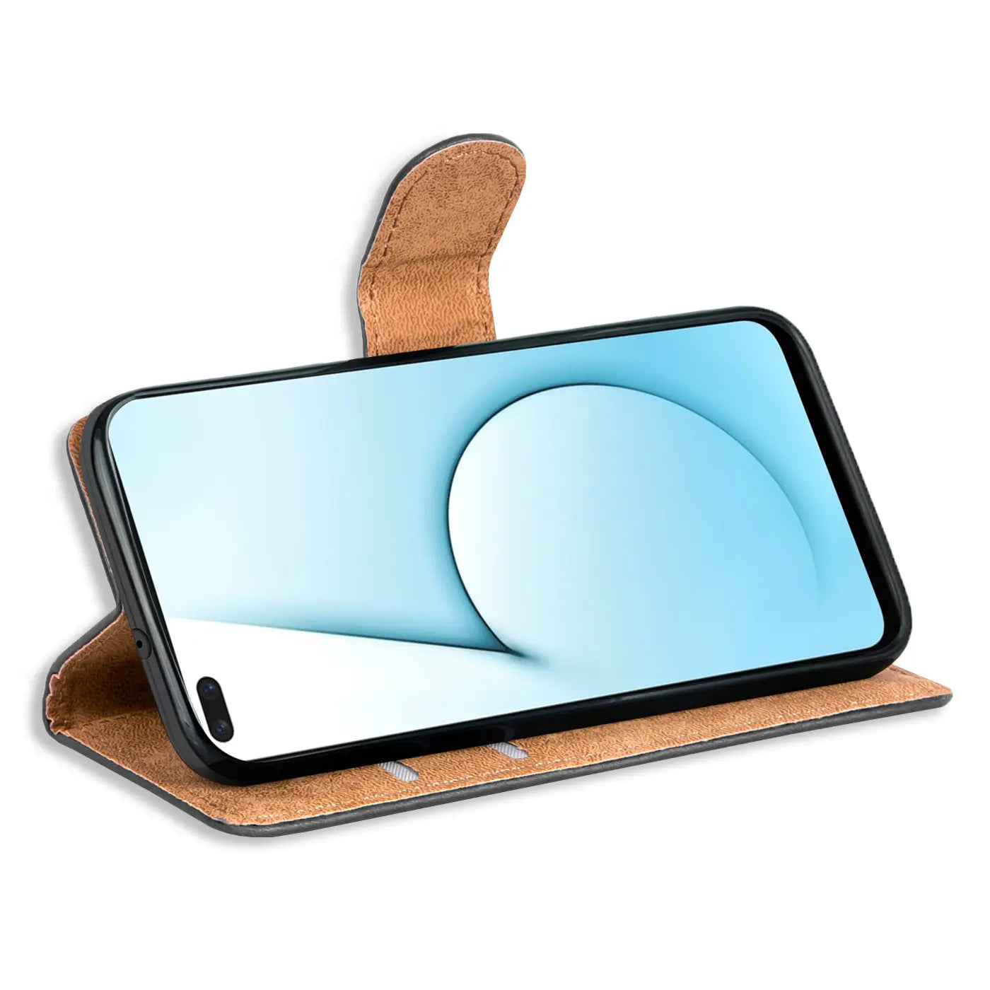 Braune Kunstleder-Klapphülle mit Kartenfächern für Realme X50 5G/X3, von vorne gezeigt.