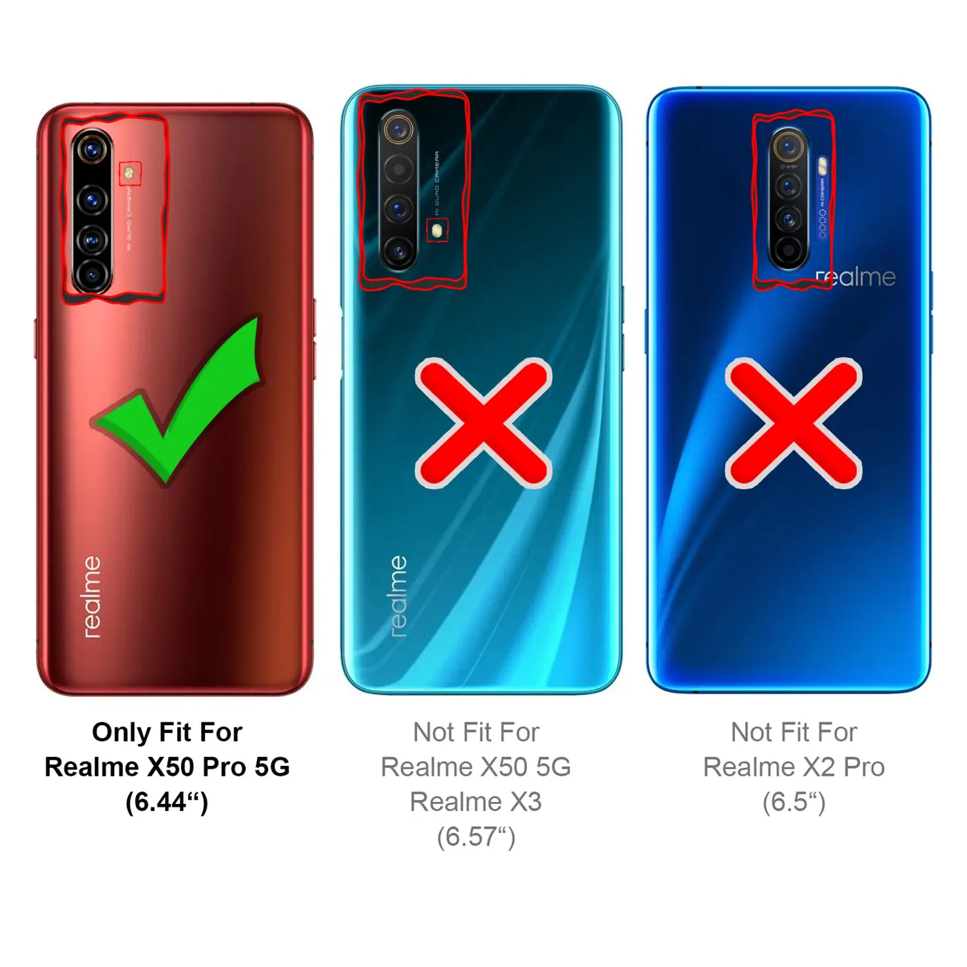 Rückseite eines roten Realme X50 Pro 5G mit grüner Häkchen-Grafik.