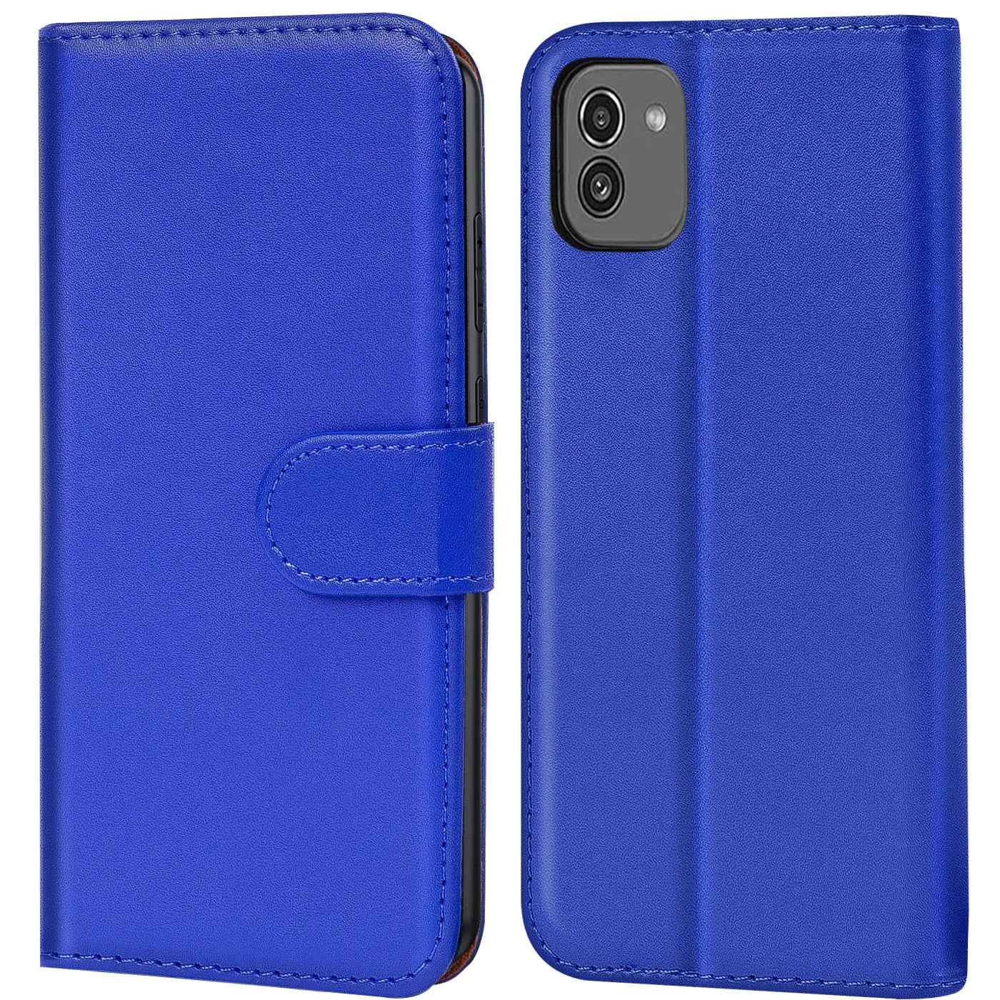 Blaue Kunstleder-Klapphülle mit Kartenfächern für Samsung Galaxy A03, Vorder- und Rückansicht.