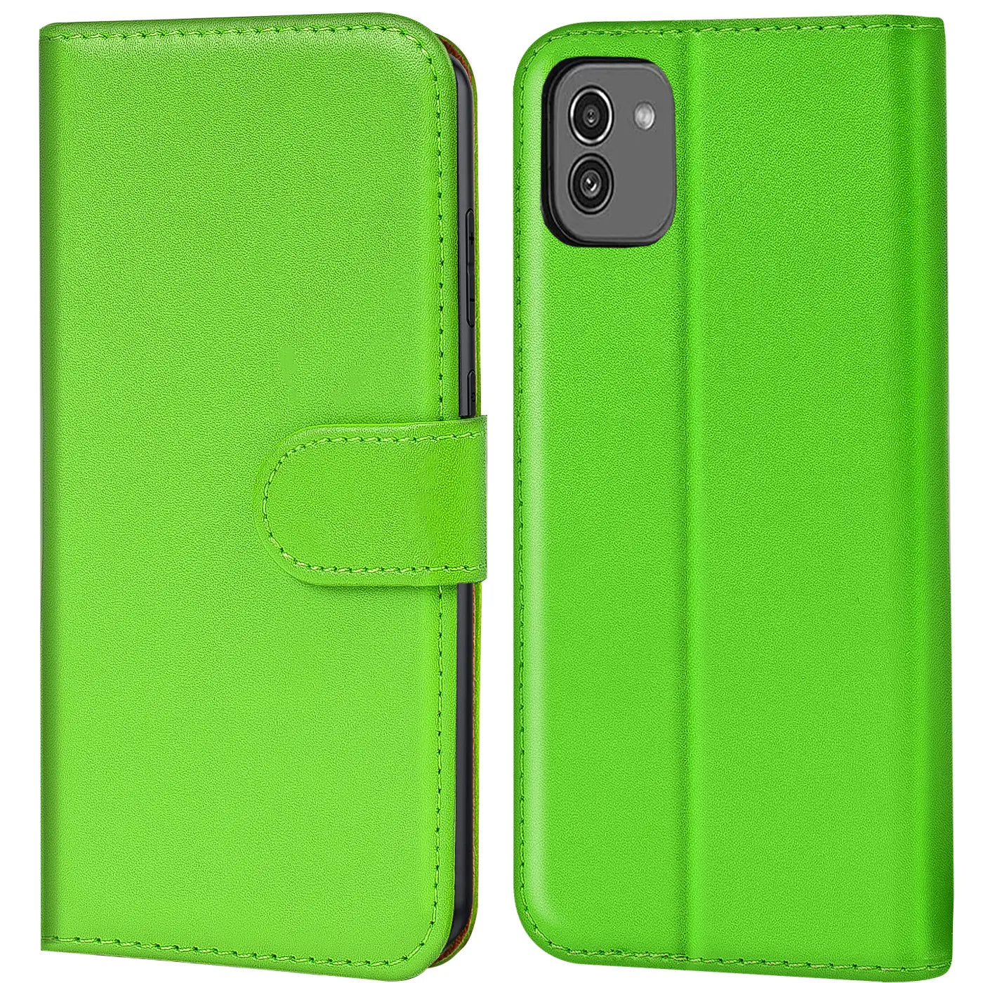 Grüne Kunstleder-Klapphülle mit Kartenfächern, Vorder- und Rückansicht, für Samsung Galaxy A03