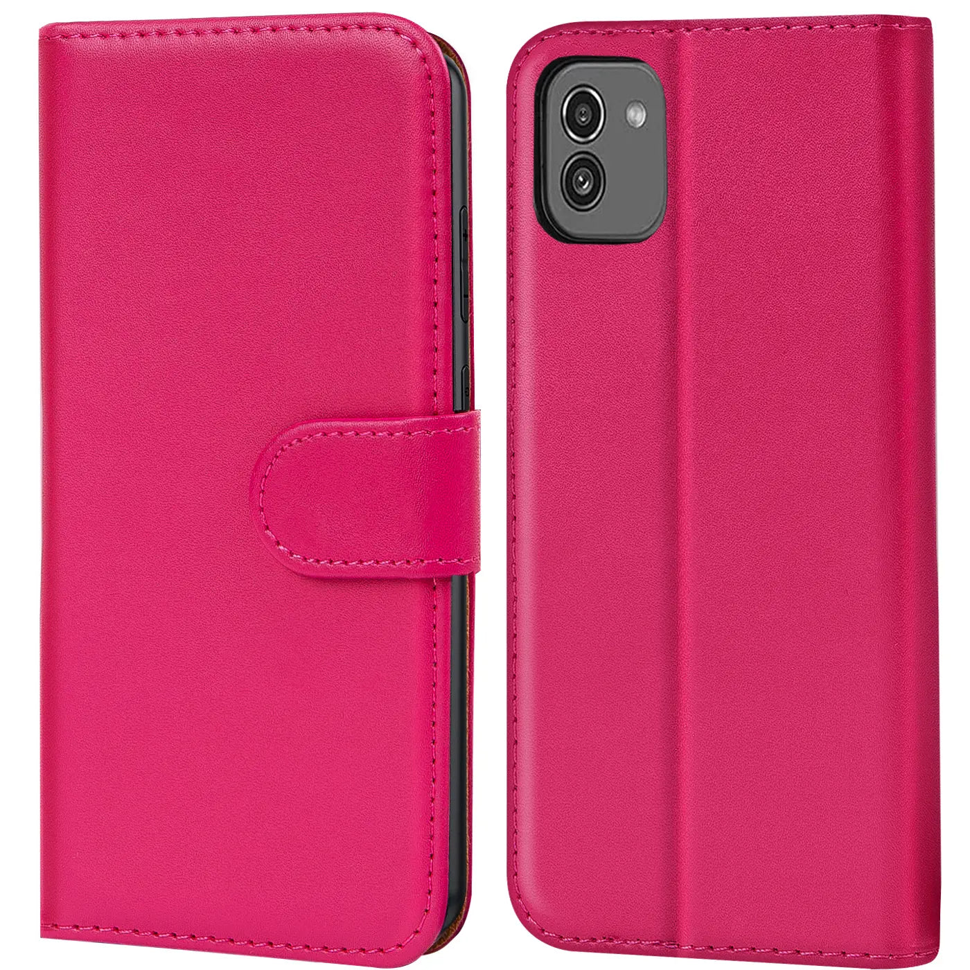 Pink Kunstleder-Klapphülle mit Kartenfächern für Samsung Galaxy A03, Vorder- und Rückansicht.