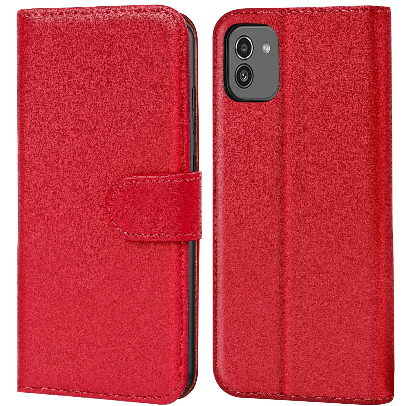 Rote Kunstleder-Klapphülle mit Kartenfächern, Vorder- und Rückansicht, für Samsung Galaxy A03